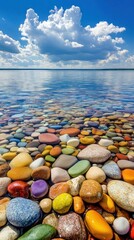 Vibrant Colorful Pebbles in Crystal Clear Lake Water Under a Stunning Blue Sky