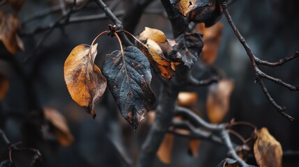 Autumn's Embrace: A close-up of withering leaves clinging to barren branches, showcasing the melancholic beauty of the autumn season.