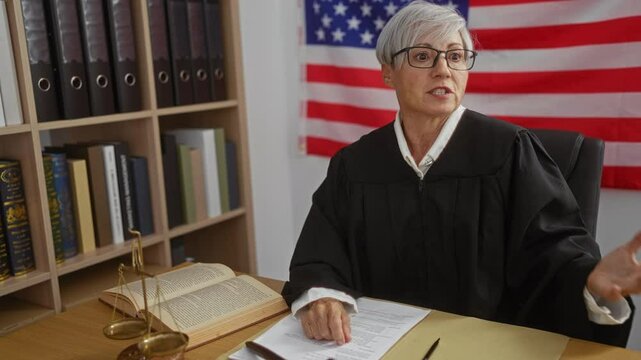 Judge woman with grey hair and glasses at a desk in an american courtroom with law books and the scales of justice on the desk and an american flag in the background