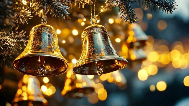 Golden bells swinging among christmas tree lights in festive holiday atmosphere