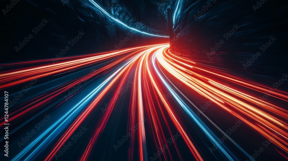 Fototapete A dynamic image showing streaks of red and blue light, creating a sense of speed and motion through a dark tunnel environment.