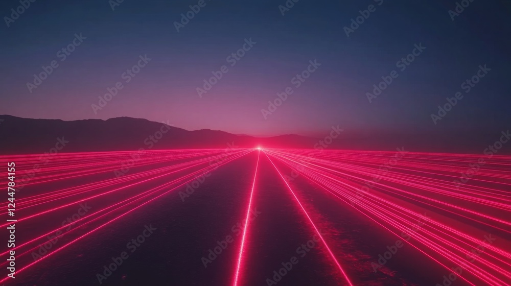 Poster a vibrant scene of red laser beams stretching into the horizon, set against a twilight backdrop of m