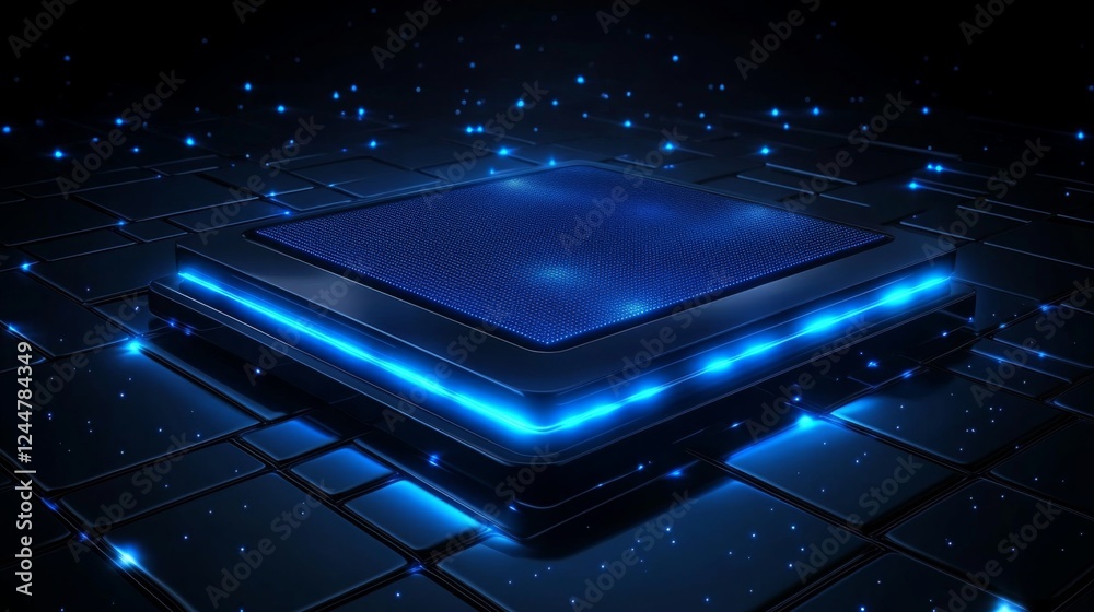 Poster A glowing microchip surrounded by a futuristic blue light effect, set against a dark background with a digital ambiance.