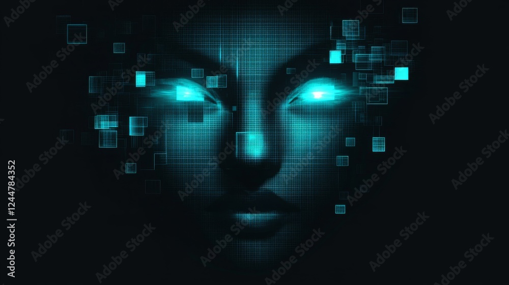 Poster A digital face with glowing blue eyes surrounded by geometric patterns, embodying themes of technology, artificial intelligence, and futurism.