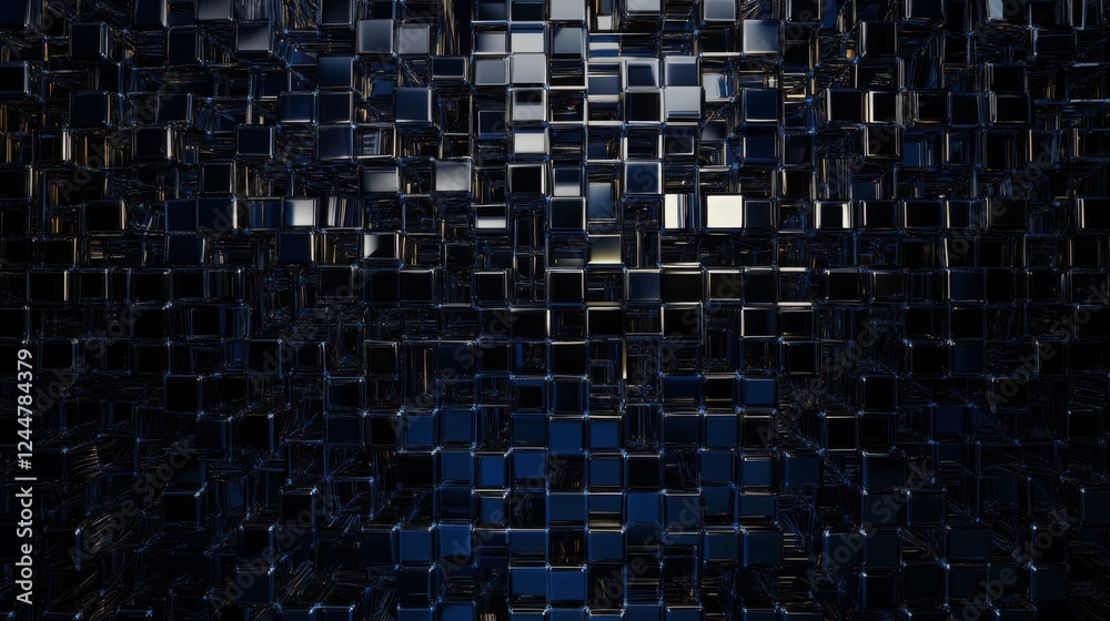 Poster A dark, textured surface composed of numerous reflective squares, creating a visually intriguing 3D effect and depth.