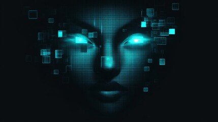 Obraz premium A digital face with glowing blue eyes surrounded by geometric patterns, embodying themes of technology, artificial intelligence, and futurism.