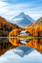 Fototapeta premium Scenic Lake with Autumn Trees and Mountain Reflection