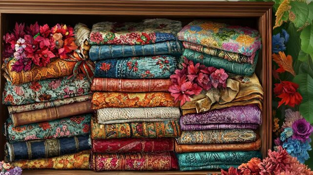 Colorful fabrics arranged in a display with vibrant floral accents in a craft shop setting