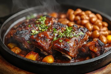 Steaming BBQ ribs, beans, potatoes, close-up