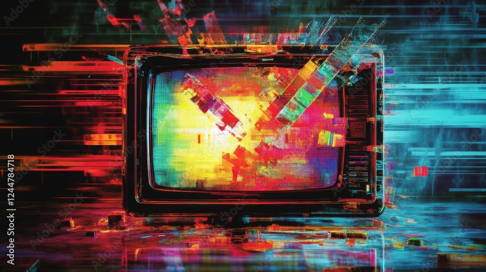 Aufkleber a vibrant, abstract depiction of an old television screen with colorful pixelation and dynamic lines