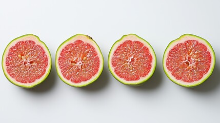 Four halves of a pink-fleshed fruit displayed on a white background.