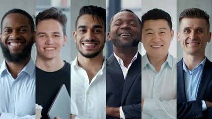 A diverse group of smiling men stands together in a bright office environment, showcasing a range of styles from casual to formal while conveying a sense of camaraderie and professionalism.