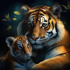 Fototapeta premium Intimate Bond A tender Moment Shared by a Tigress and Her Cub in the Wild, Illuminated by the Golden Sunlight under Lush, Verdant Forest Canopy.
