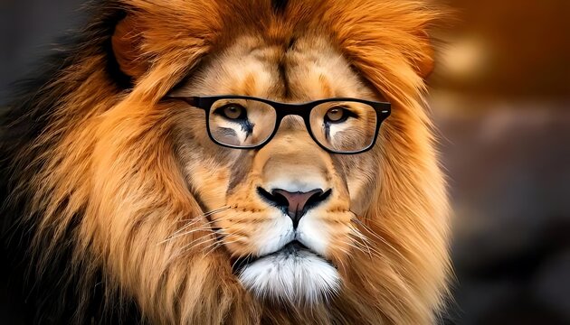 A fluffy lion with glasses stares directly, showcasing a humorous and intellectual twist on nature's might.