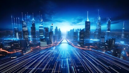 A futuristic cityscape with glowing blue patterns and holographic data displays a sleek, technological aesthetic