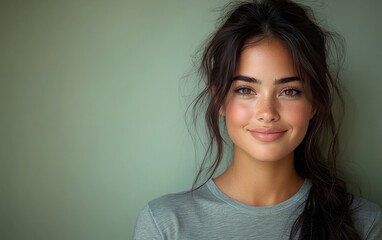 A woman with brown hair and green eyes is sitting in front of a solid color background