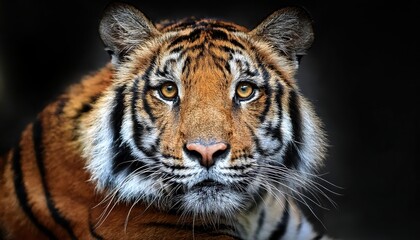 Naklejka premium Striking Portrait of a Sumatran Tiger in the Jungle A Captivating Display of Power and Beauty with its Eyes Locking onto the Camera, Surrounded by the Lush, Verdant Environment of Its Habitat.