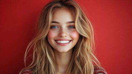 Fototapeta premium A woman with long blonde hair is smiling at the camera