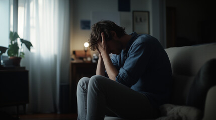 Depressed Man Sitting Alone, Feeling Overwhelmed and Hopeless