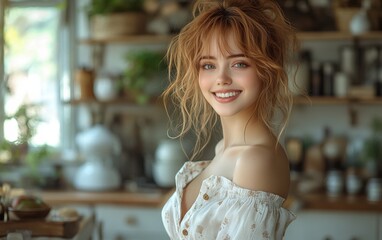 Fototapeta premium A woman with red hair and a white dress is smiling in front of a kitchen