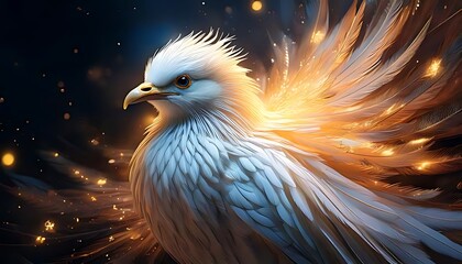 Obraz premium A majestic white bird surrounded by feathers and lights, creating an ethereal and stunning scene.