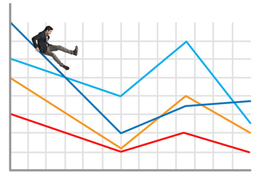 Business, stock market or man fall on graph for interest rate change, volatility decline or investment fluctuation. Scared, financial crisis or trader screaming on infographic chart for economy crash