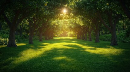 Obraz premium Sunlit Orchard Path, Green Grass, Summer