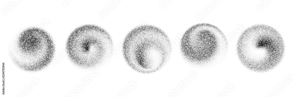 Poster Dotted spiral gradient shapes. Black stippled swirl object set. Grainy spray circles collection. Noise wave splashes and splatters forms. Dissolving sand dust texture. Vector fading halftone elements
