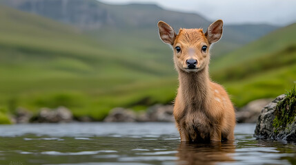 Obraz premium Young deer in mountain stream, tranquil background, wildlife photography