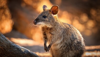 Naklejka premium Cute and Elusive LongNosed Potoroo Peeking Through Tall Grass Amidst Australian Outback A Unique RatLike Marsupial in BrownishGrey Fur with Large Eyes and Pointed Nose, Seeking Prey Amidst Dusty