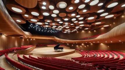 Elegant Modern Concert Hall with Red Seats and Wooden Interior Design