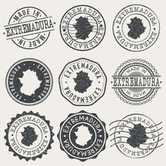 Extremadura, Spain Set of Stamps. City Travel Marks. Made In Product. Design Seals Old Style Insignia.