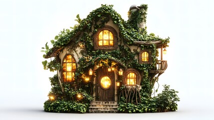 Fototapeta premium Whimsical Fairytale Home Isolated In White Background