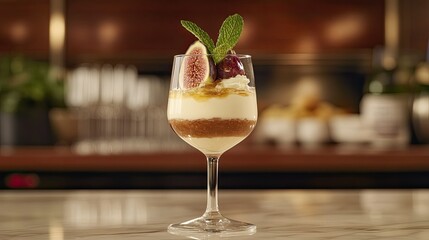 Elegant Dessert in Glass with Fresh Fruit and Mint Garnish