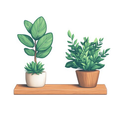 Obraz premium Two potted plants on a wooden shelf, featuring vibrant green leaves and distinct pot designs, showcasing indoor greenery.