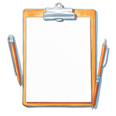A clipboard with a blank sheet of paper and two orange pens attached.