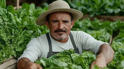Farmer harvesting lettuce, green field background