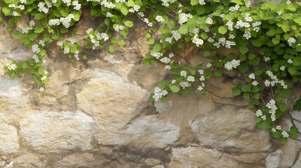 White Flowers Climbing Beige Stone Wall