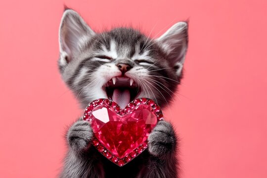 Donskoy - my desired cat. Cute donskoy baby feline with sparkling rhinestones red heart - emblem of love, funny greeting card. Marketing creative. Valentine's day pet art. Animal love poster.