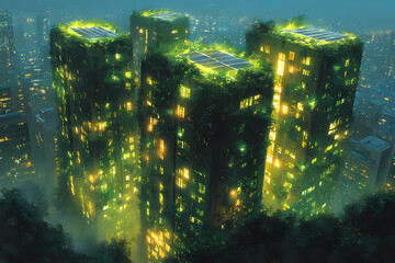 a modern city life in a bustling metropolis with a captivating cityscape, showcasing high-rise skyscrapers and a foggy skyline