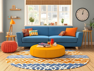 Modern Living Room with Blue Sofa, Orange Pouf, and Geometric Rug Brightly Decorated with Colorful Accents.