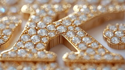 Decorative letter K features stunning volumetric texture of gold embedded luxurious diamonds against clean white backdrop highlighting craftsmanship and luxury.