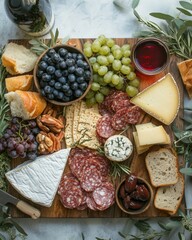 A top-down view of a beautifully arranged charcuterie board, featuring fine cheeses, cured meats, fresh grapes, and artisanal bread, cozy wine night setup