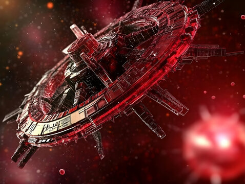 3D Illustration: Futuristic Red Spaceship Navigates a Nebula with Sparkling Particles