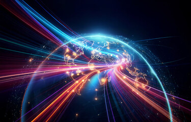 Glowing light streaks circle a stylized Earth globe on a dark backdrop, representing worldwide connections and digital data flow.