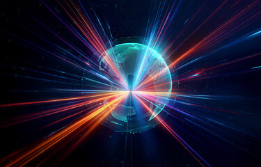 A glowing globe emits vibrant light rays in blue, orange, and red against a dark cosmic backdrop, symbolizing global connectivity and digital networks.