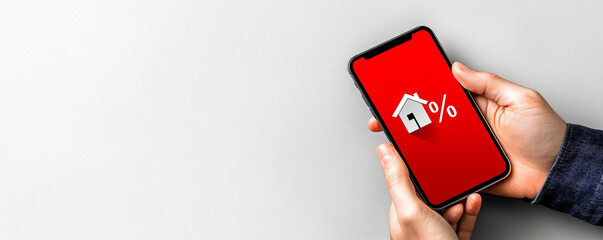 Hand holding smartphone with house icon on white background