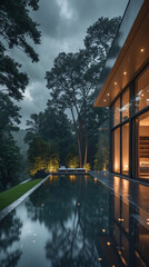 Fototapeta premium Elegant modern mansion interior and exterior with minimalist design ambient lighting and a poolside view during a rainy cloudy day Exterior Design Inspiration