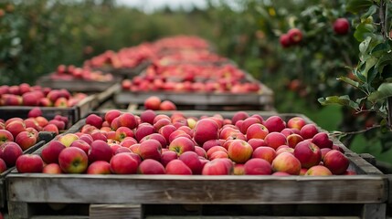 Rows of Red Apples in Wooden Crates at Orchard
