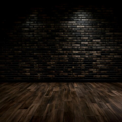Dark Room with Brick Wall and Wood Floor Background Creates Dramatic and Moody Atmosphere